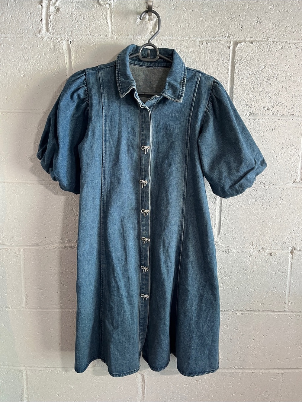 Denim Button-Front Puff Sleeve Dress - Small- top button missing